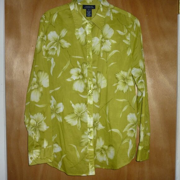 Jones New York SIGNATURE Large Green 100% Cotton Long Sleeve Floral Blouse - Picture 1 of 10